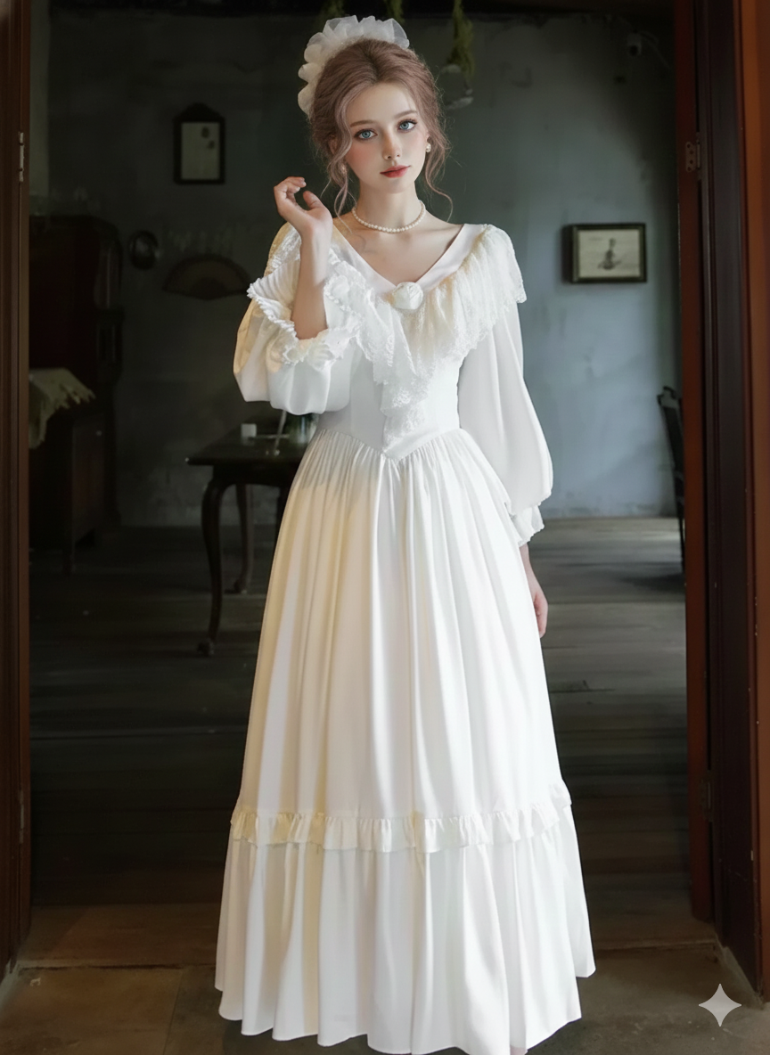 Parisian Satin Lace Dress Lantern Sleeve Long Maxi Ladies S-XL Vintage High Waist 2025 New V Neck White