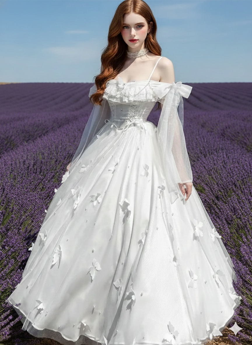 Off-shoulder Slimming Dress for Women Elegant and Sweet Lolita Bow White High Waist Princess Long Dresses White Dress