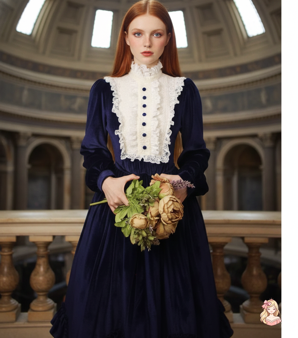 The French Court Velvet Gown | Lace Stitching Long Sleeve Maxi | Parisian Retro Lolita Dress | Parisian Princess