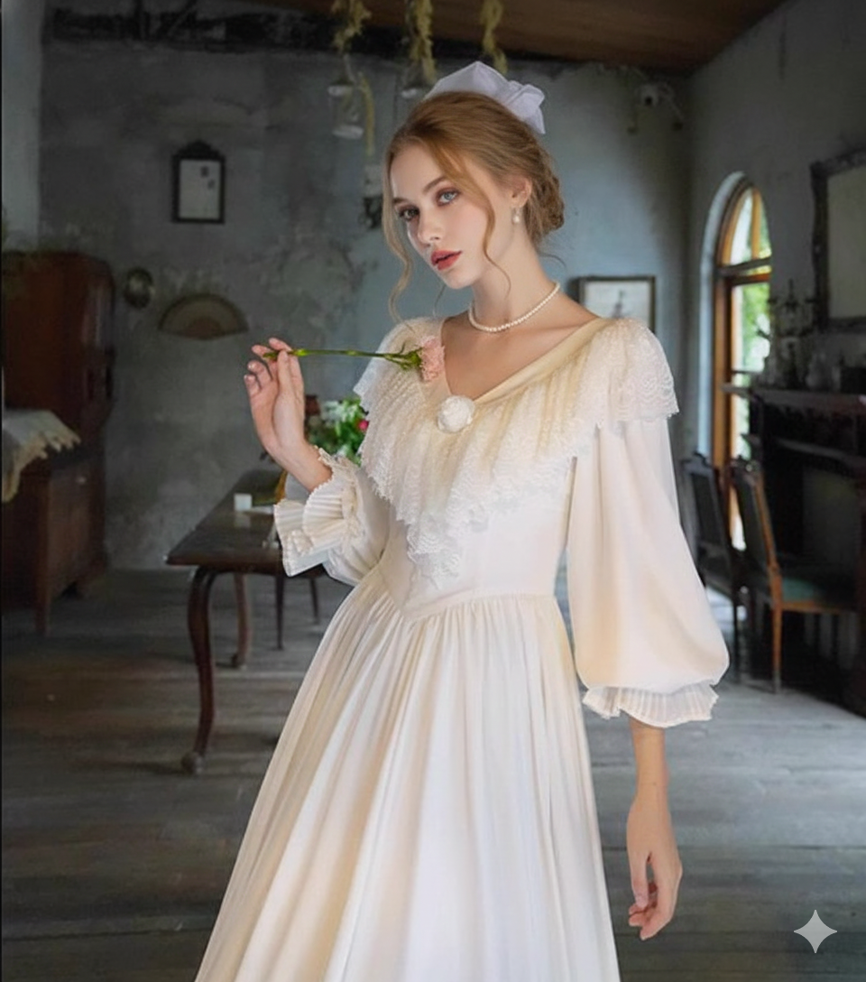 Parisian Satin Lace Dress Lantern Sleeve Long Maxi Ladies S-XL Vintage High Waist 2025 New V Neck White