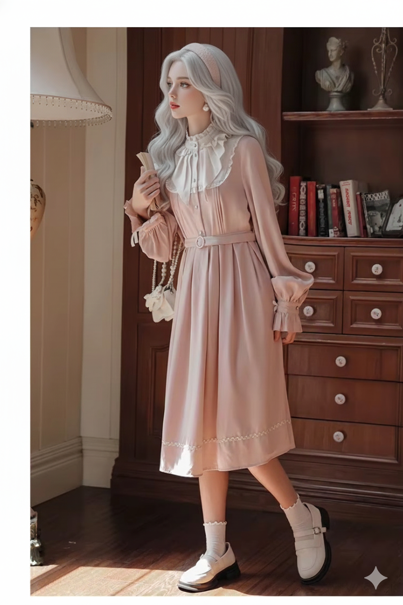 French Sweet Cute Dresses Pink Stand Collar Ruffle Design Chic Flared Sleeve Chiffon Dress French Parisian Lolita Vestidos