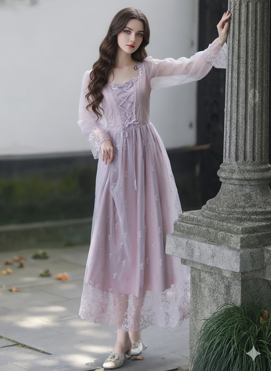 Lovely Lavendar Countryside Dresse Embroidered Lace Square Collar French Romantic Fairy Dresses Flared Sleeve Sweet Vestido midi