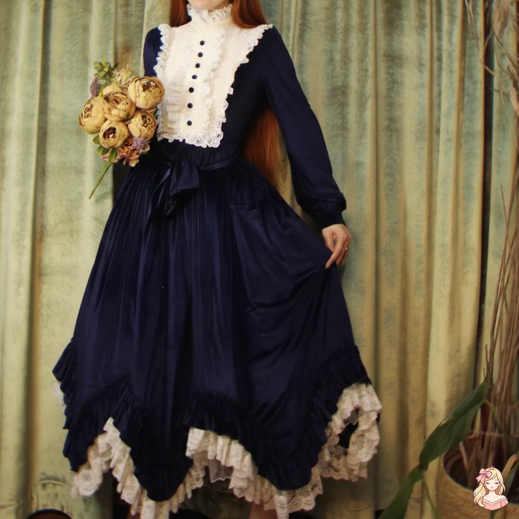 The French Court Velvet Gown | Lace Stitching Long Sleeve Maxi | Parisian Retro Lolita Dress | Parisian Princess