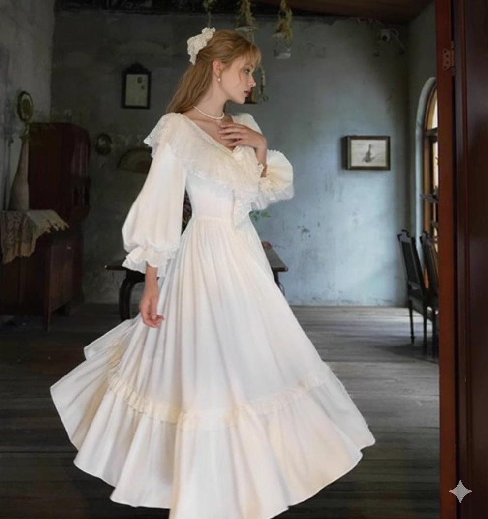 Parisian Satin Lace Dress Lantern Sleeve Long Maxi Ladies S-XL Vintage High Waist 2025 New V Neck White