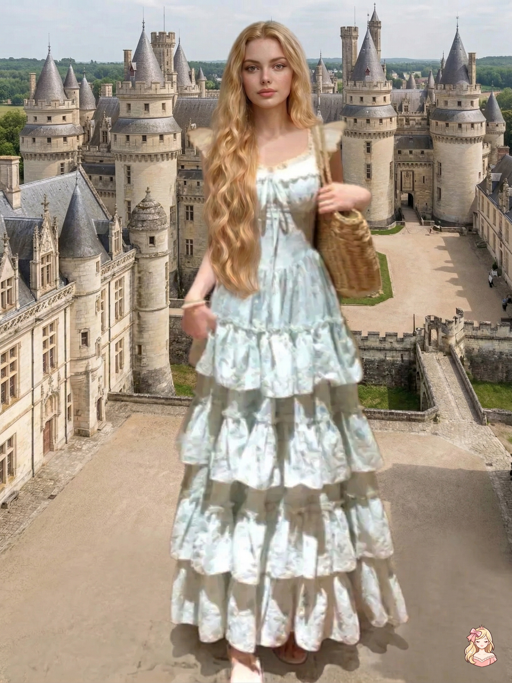 Woman in a floral dress standing in front of a castle