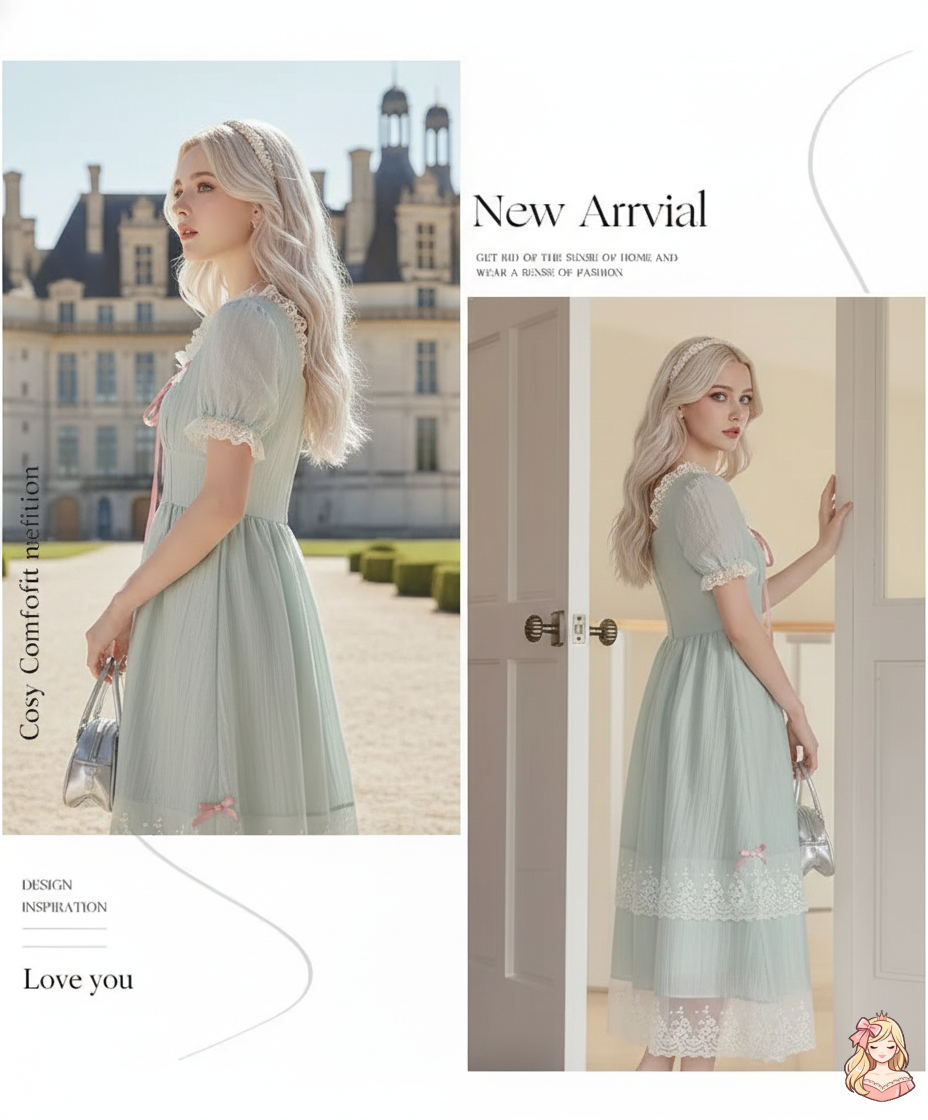 The Chambord Fairy Gown | Green Bow Lace Square Neck Dress | French Mori Girl Summer Dress | Parisian Princess