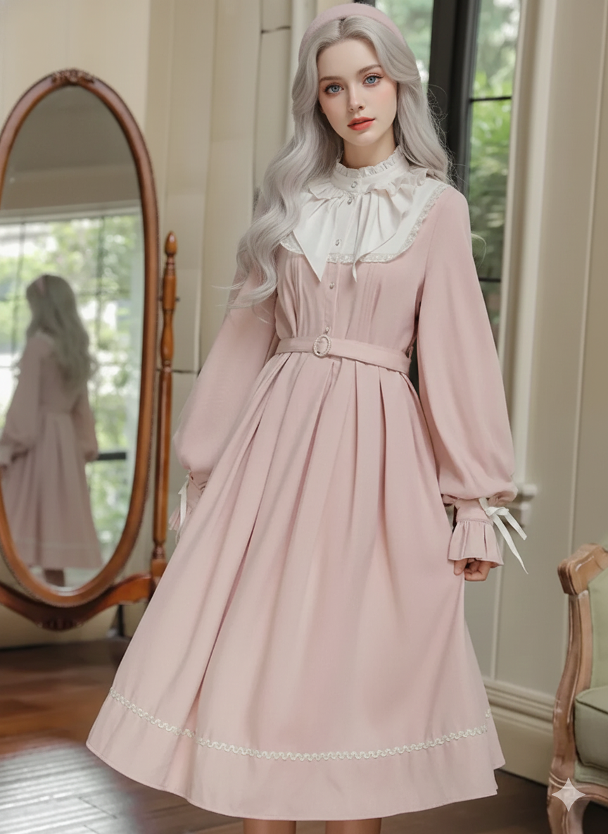 French Sweet Cute Dresses Pink Stand Collar Ruffle Design Chic Flared Sleeve Chiffon Dress French Parisian Lolita Vestidos