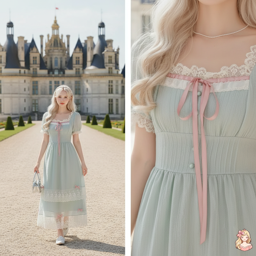 The Chambord Fairy Gown | Green Bow Lace Square Neck Dress | French Mori Girl Summer Dress | Parisian Princess