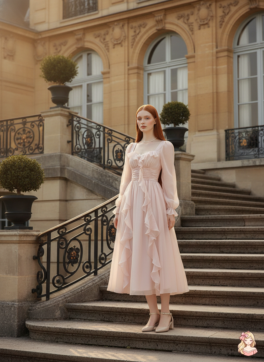The Blush Bubble Midi | Square Neck Ruffled Party Dress | French Fairy Vintage Pink Dress | Parisian Princess