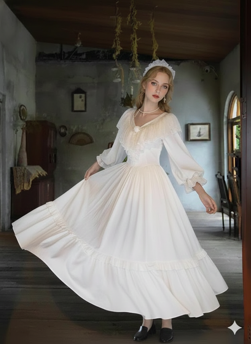 Parisian Satin Lace Dress Lantern Sleeve Long Maxi Ladies S-XL Vintage High Waist 2025 New V Neck White