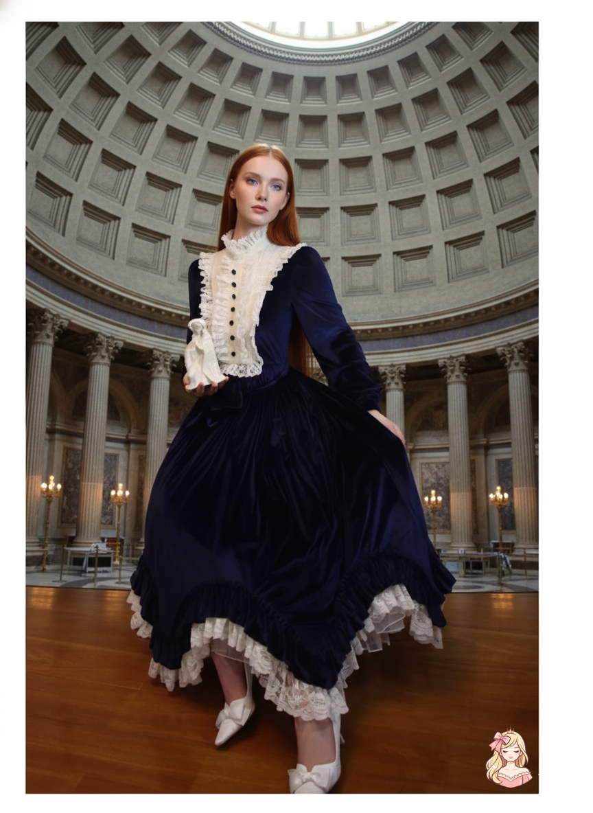 The French Court Velvet Gown | Lace Stitching Long Sleeve Maxi | Parisian Retro Lolita Dress | Parisian Princess