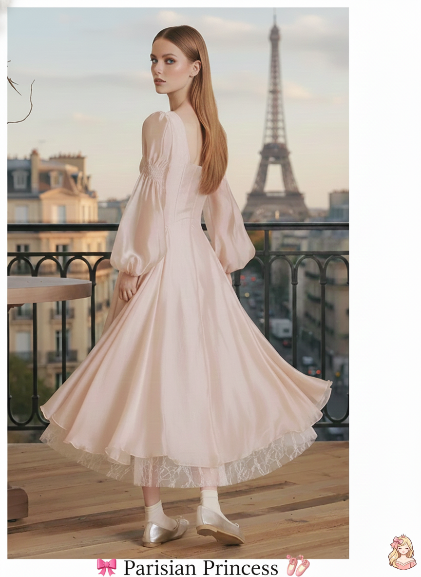 The Frosty Pink Chiffon Dress | Square Neck Lace Puff Sleeve Midi | Sweet Princess Gown | Parisian Princess