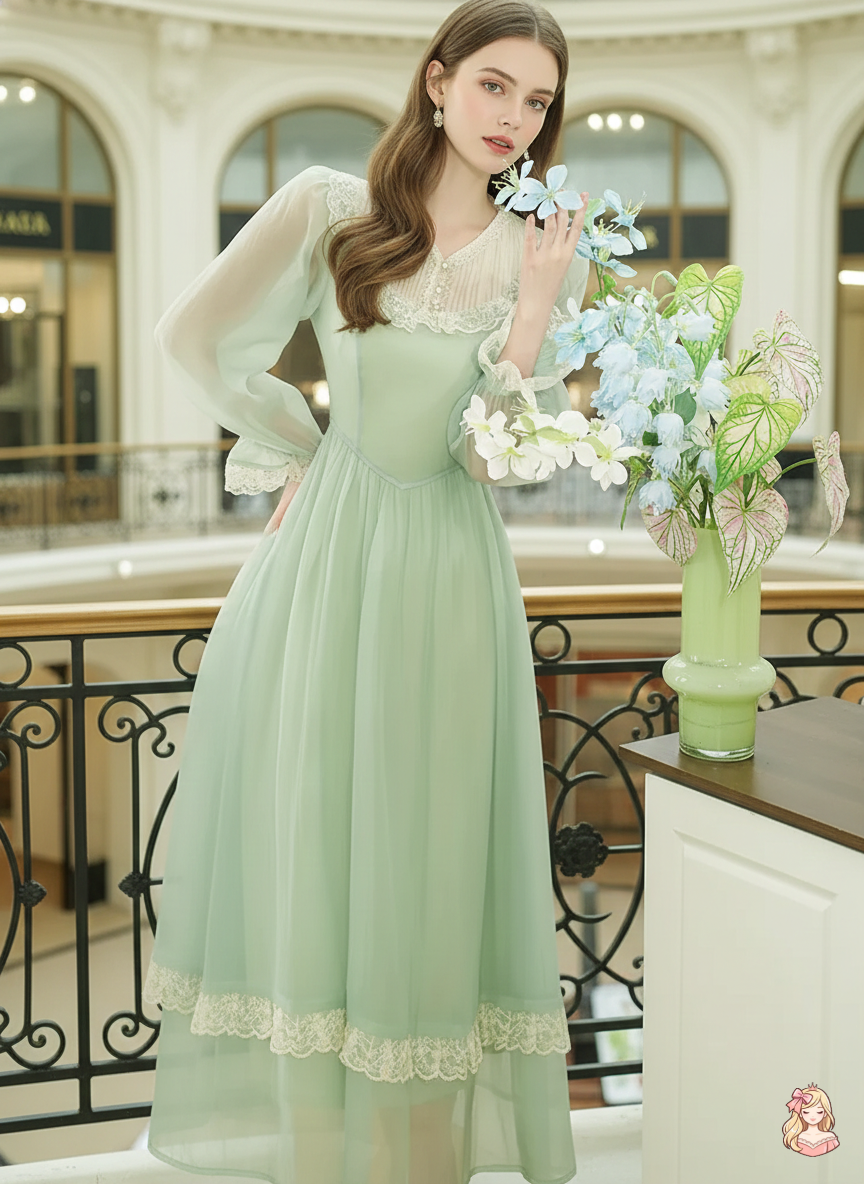 The Tuileries Green Fairy Dress | V-Neck Lace Flare Sleeve Midi | French Retro Empire Gown | Parisian Princess