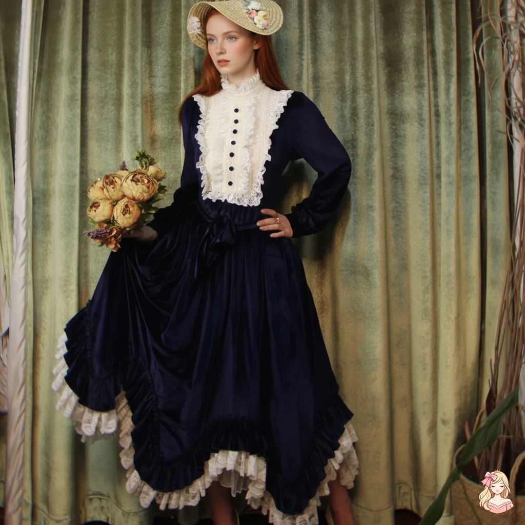 The French Court Velvet Gown | Lace Stitching Long Sleeve Maxi | Parisian Retro Lolita Dress | Parisian Princess
