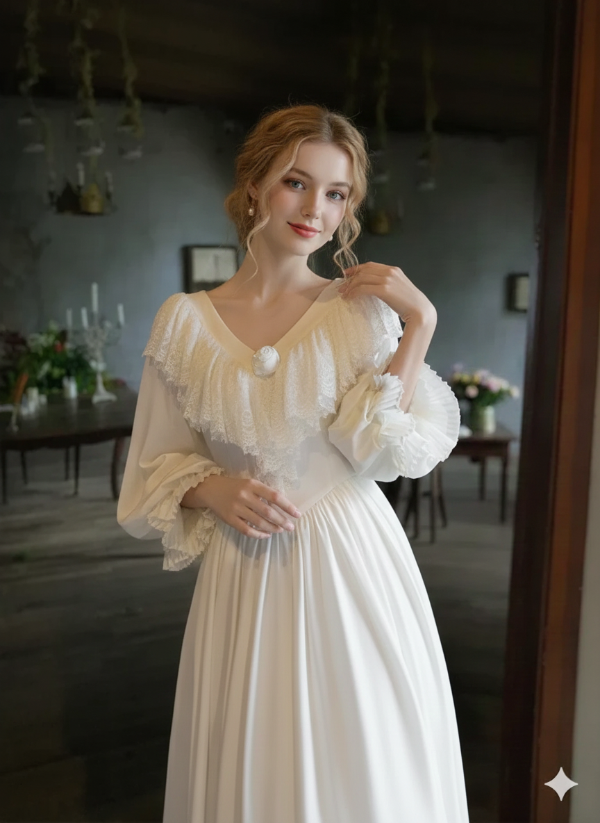 Parisian Satin Lace Dress Lantern Sleeve Long Maxi Ladies S-XL Vintage High Waist 2025 New V Neck White