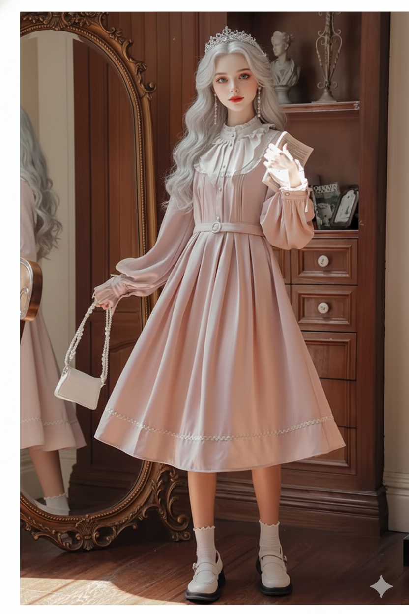The French Elegant Sweet Lolita Pink Gown | Parisian Bow Lace Ruffle Patchwork Dress | European Party Princess Ankle-Length Dress | Parisian Princess