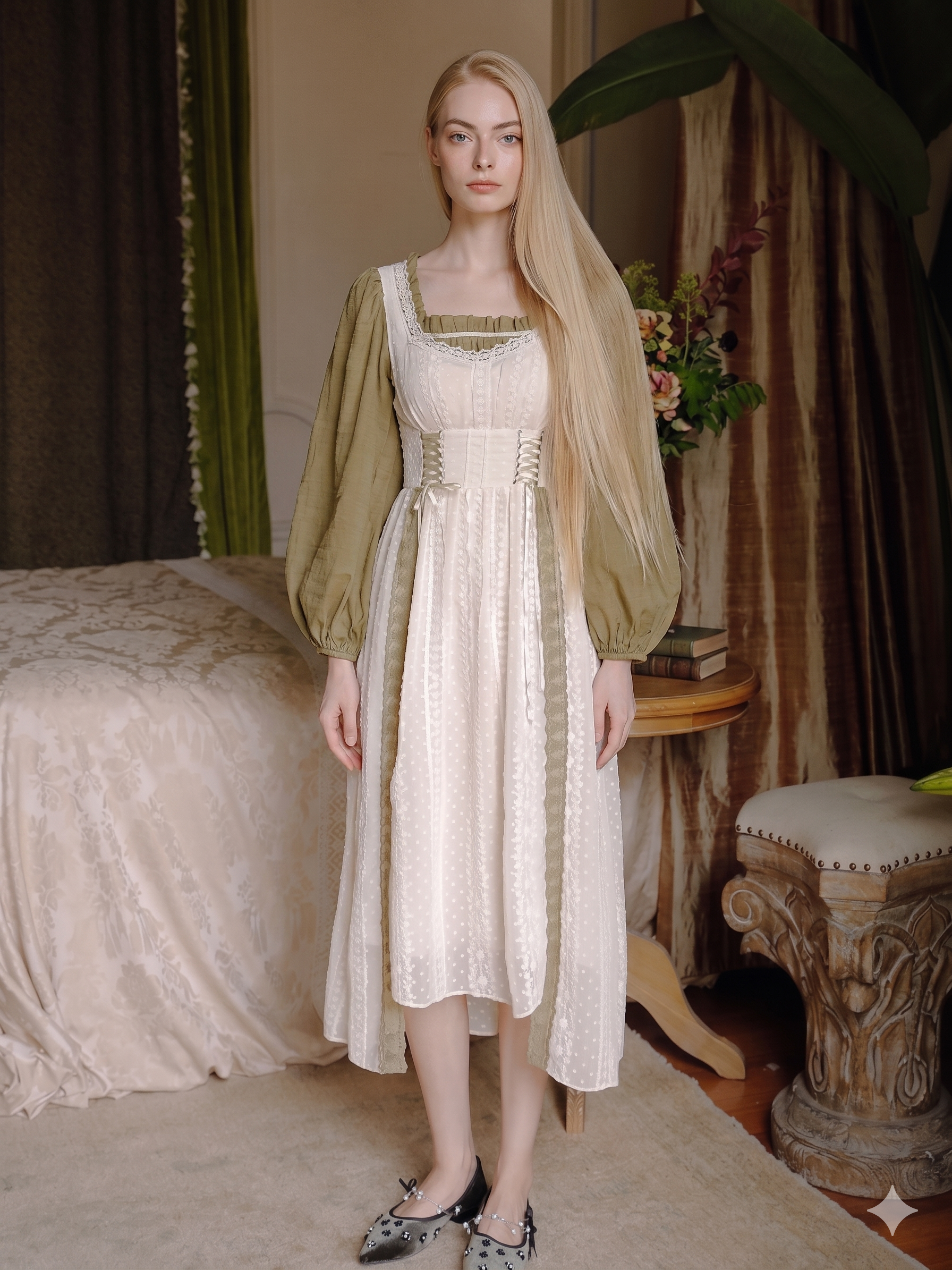 Woman in a vintage-style dress standing in a room with decorative elements.