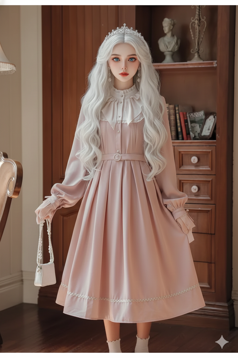 French Sweet Cute Dresses Pink Stand Collar Ruffle Design Chic Flared Sleeve Chiffon Dress French Parisian Lolita Vestidos