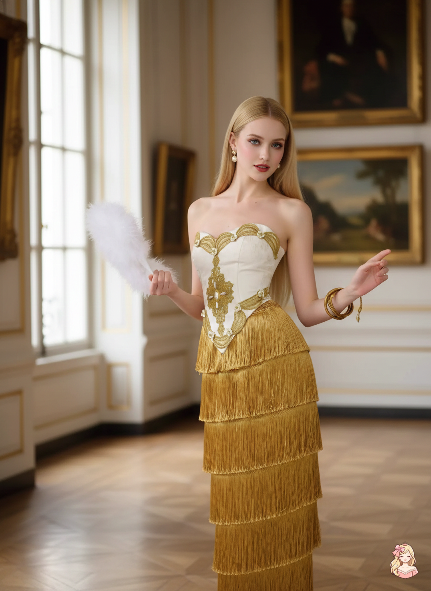 The Palace Gold Corset Gown | Strapless Tassel Layered Dress | French Theatre Performance Maxi | Parisian Princess
