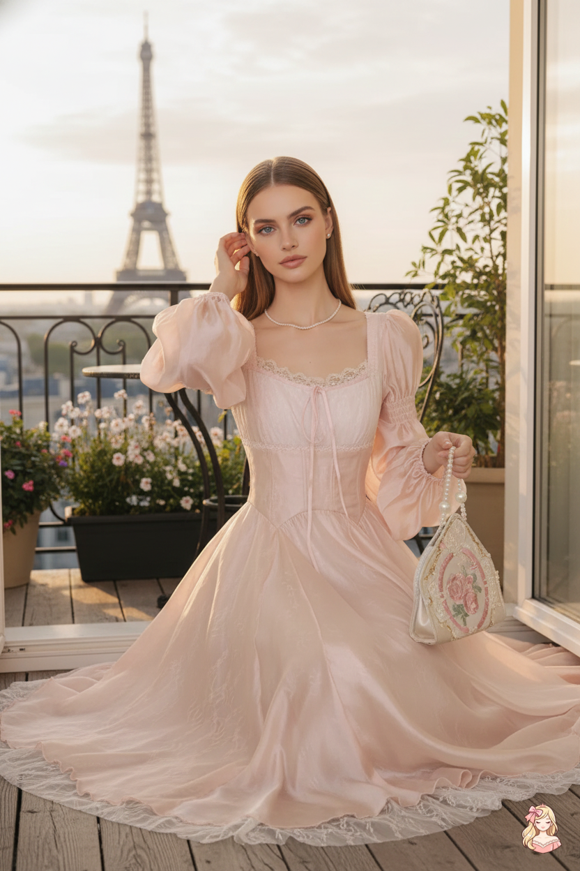 The Frosty Pink Chiffon Dress | Square Neck Lace Puff Sleeve Midi | Sweet Princess Gown | Parisian Princess