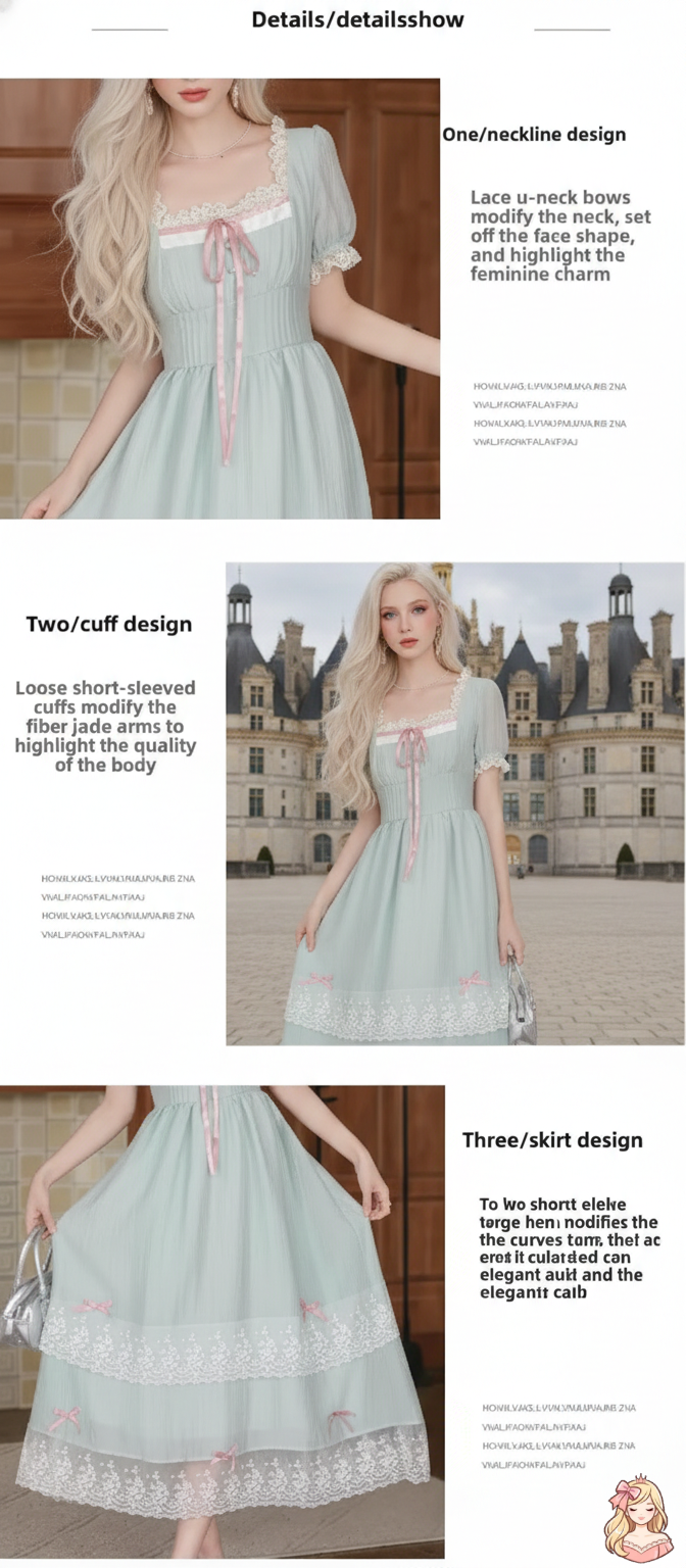 The Chambord Fairy Gown | Green Bow Lace Square Neck Dress | French Mori Girl Summer Dress | Parisian Princess