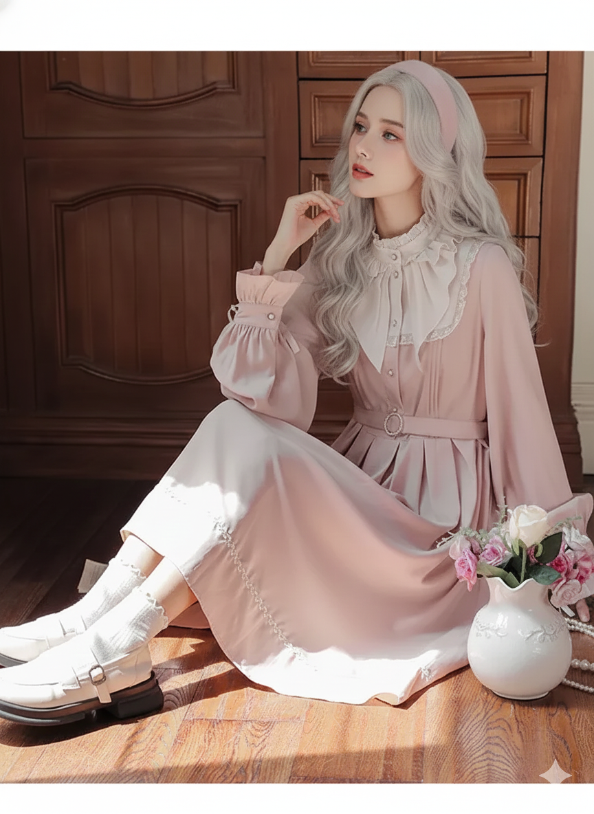 French Sweet Cute Dresses Pink Stand Collar Ruffle Design Chic Flared Sleeve Chiffon Dress French Parisian Lolita Vestidos