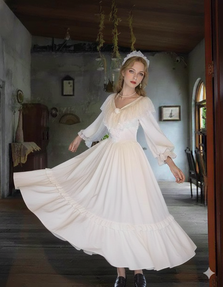 Parisian Satin Lace Dress Lantern Sleeve Long Maxi Ladies S-XL Vintage High Waist 2025 New V Neck White