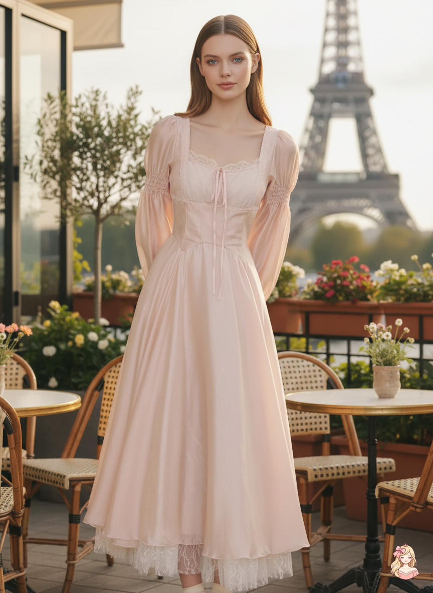 The Frosty Pink Chiffon Dress | Square Neck Lace Puff Sleeve Midi | Sweet Princess Gown | Parisian Princess