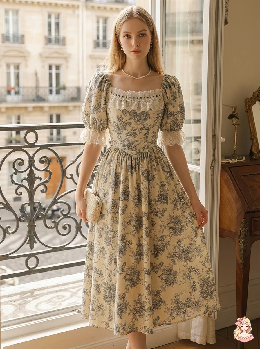 Parisian Botanical Print Long Dress Woman Square Neck Lace Short Puff Sleeves Slim Party Dresses French Cute Birthday Dress