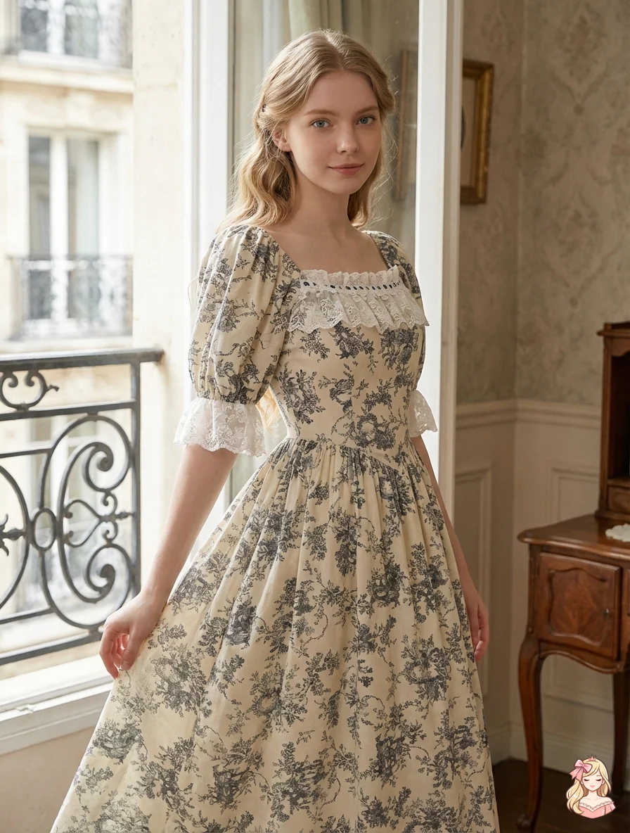 Parisian Botanical Print Long Dress Woman Square Neck Lace Short Puff Sleeves Slim Party Dresses French Cute Birthday Dress