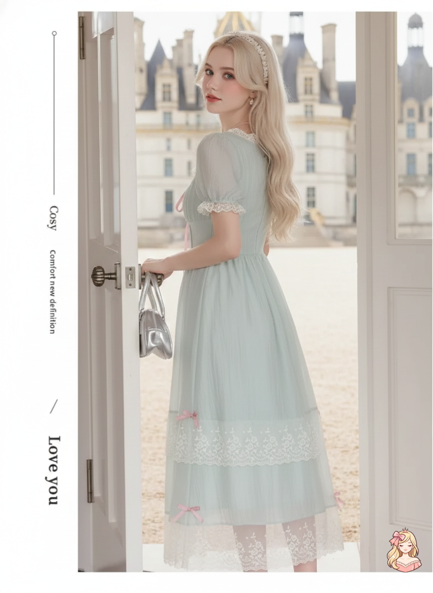 The Chambord Fairy Gown | Green Bow Lace Square Neck Dress | French Mori Girl Summer Dress | Parisian Princess