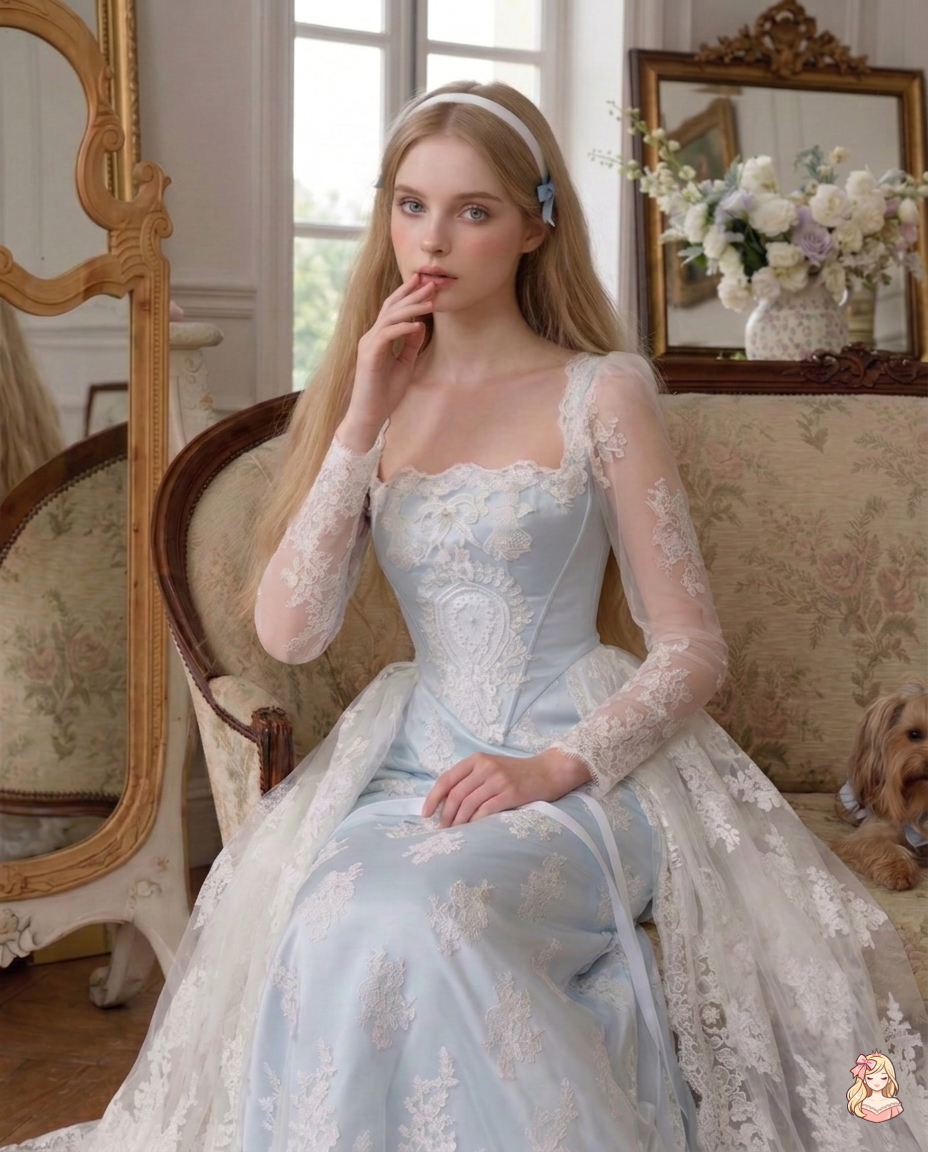 The Azure Serenity Gown | Light Blue Square Neck Lace Prom Dress | Elegant Long Sleeve Ankle-Length | Parisian Princess