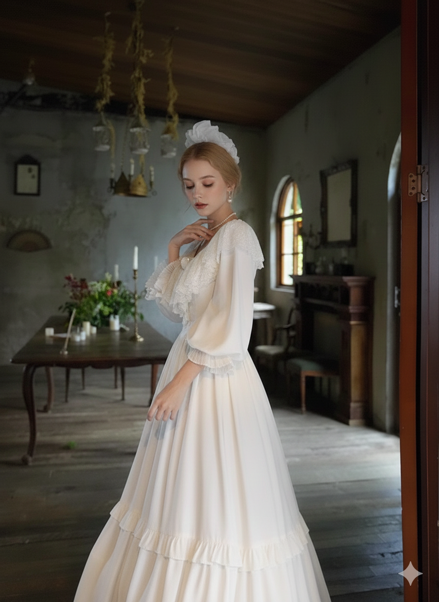 Parisian Satin Lace Dress Lantern Sleeve Long Maxi Ladies S-XL Vintage High Waist 2025 New V Neck White