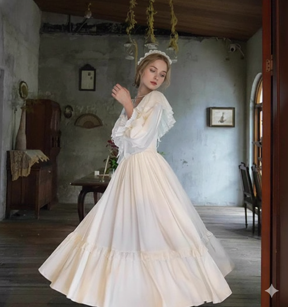 Parisian Satin Lace Dress Lantern Sleeve Long Maxi Ladies S-XL Vintage High Waist 2025 New V Neck White