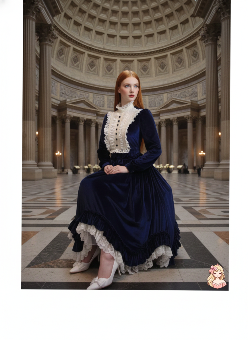 The French Court Velvet Gown | Lace Stitching Long Sleeve Maxi | Parisian Retro Lolita Dress | Parisian Princess