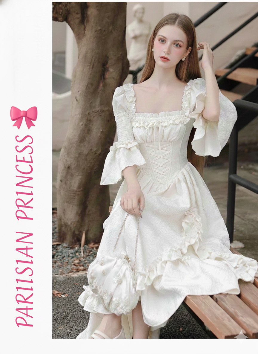 Vintage Parisian Style Princess Dress For Woman Retro French Jacquard Bandage Puff Sleeve Fairy Dresses Stage Performance
