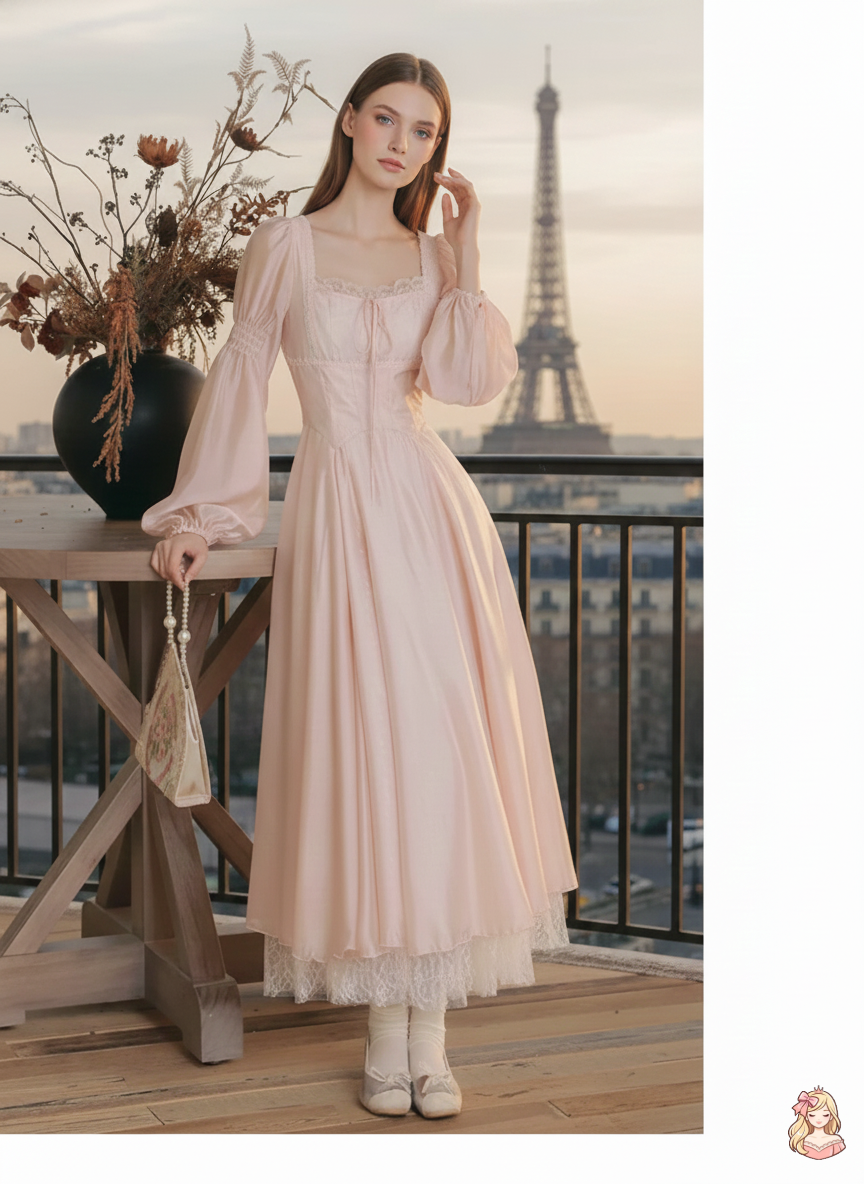 The Frosty Pink Chiffon Dress | Square Neck Lace Puff Sleeve Midi | Sweet Princess Gown | Parisian Princess