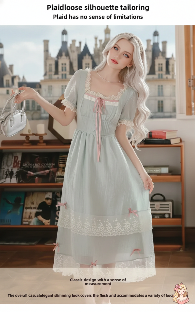 The Chambord Fairy Gown | Green Bow Lace Square Neck Dress | French Mori Girl Summer Dress | Parisian Princess