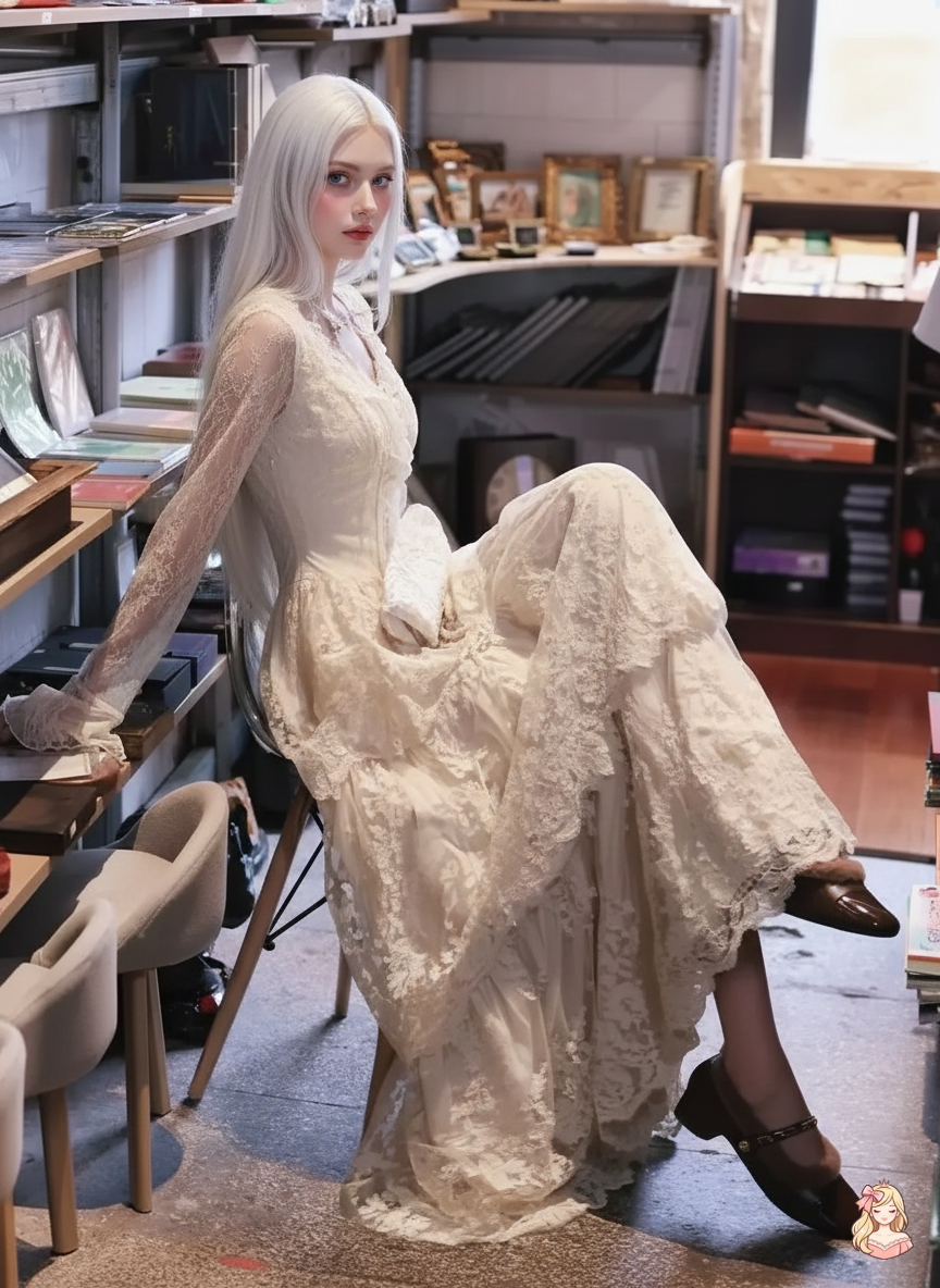 The Tuileries Lace Cake Dress | V-Neck Fairy Wedding Maxi | French Vintage Slim Long Gown | Parisian Princess