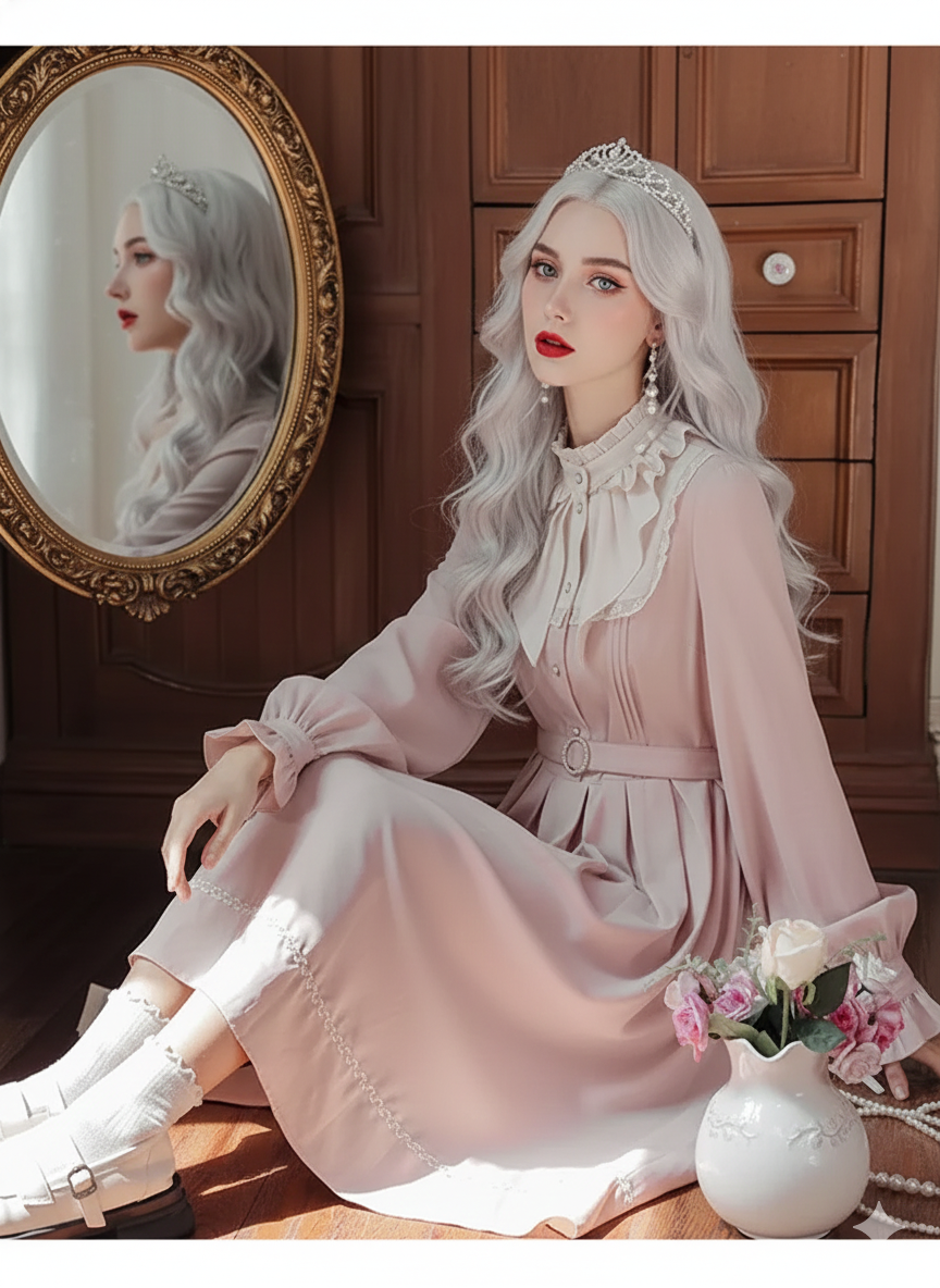The French Elegant Sweet Lolita Pink Gown | Parisian Bow Lace Ruffle Patchwork Dress | European Party Princess Ankle-Length Dress | Parisian Princess