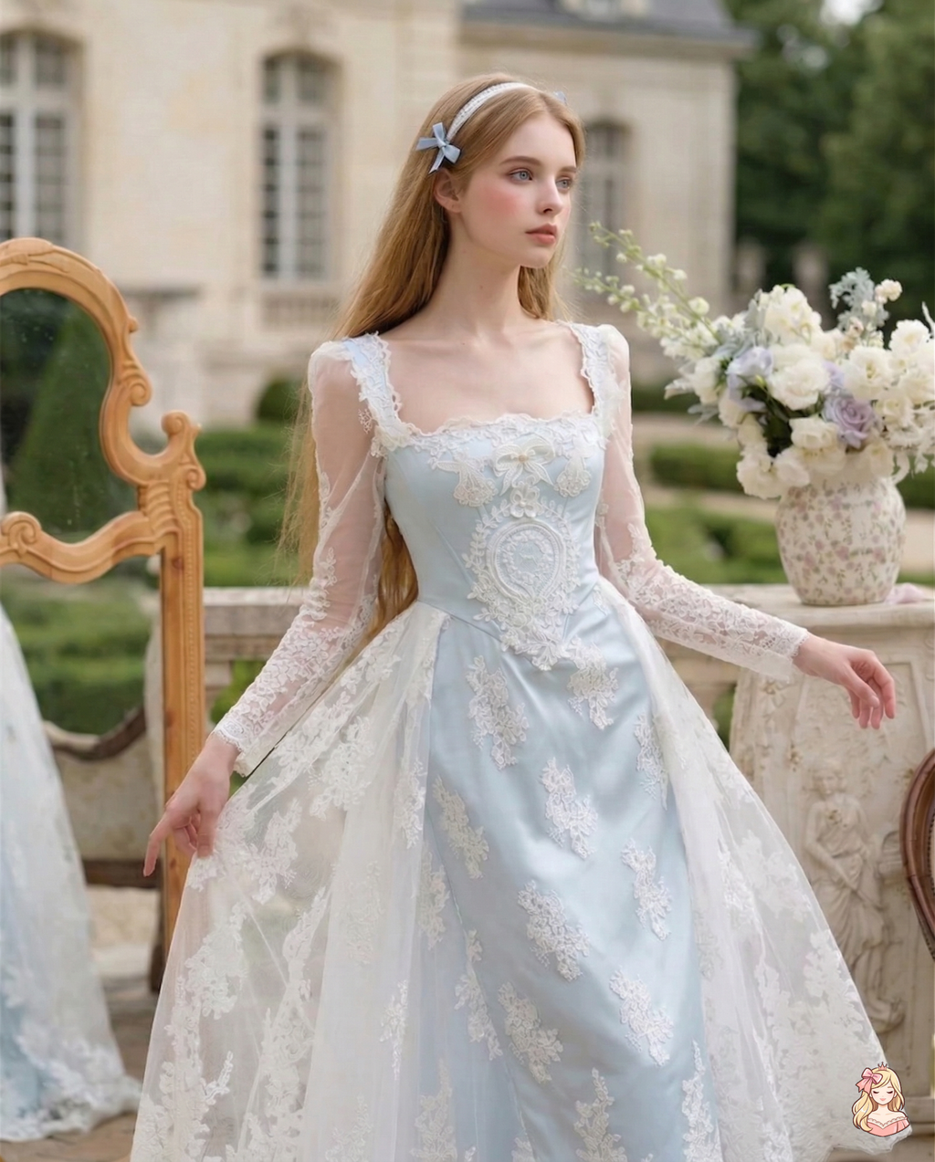The Azure Serenity Gown | Light Blue Square Neck Lace Prom Dress | Elegant Long Sleeve Ankle-Length | Parisian Princess