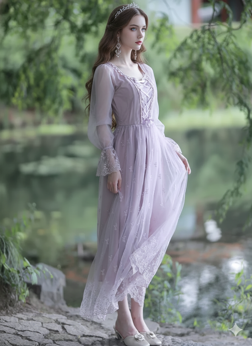 Lovely Lavendar Countryside Dresse Embroidered Lace Square Collar French Romantic Fairy Dresses Flared Sleeve Sweet Vestido midi