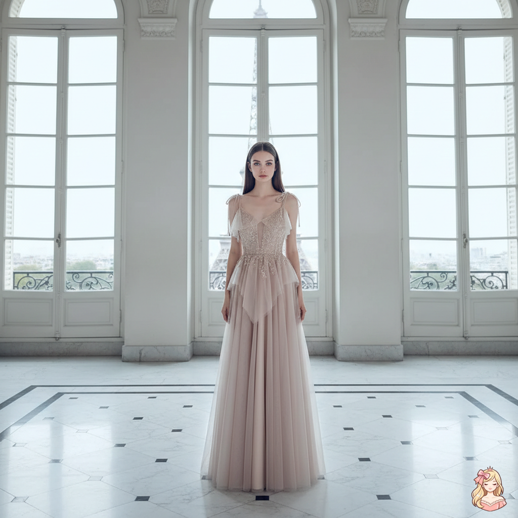 The French Sequined Crown Gown | V-Neck Crepe Ball Gown | Luxury Summer Wedding Party Dress | Parisian Princess