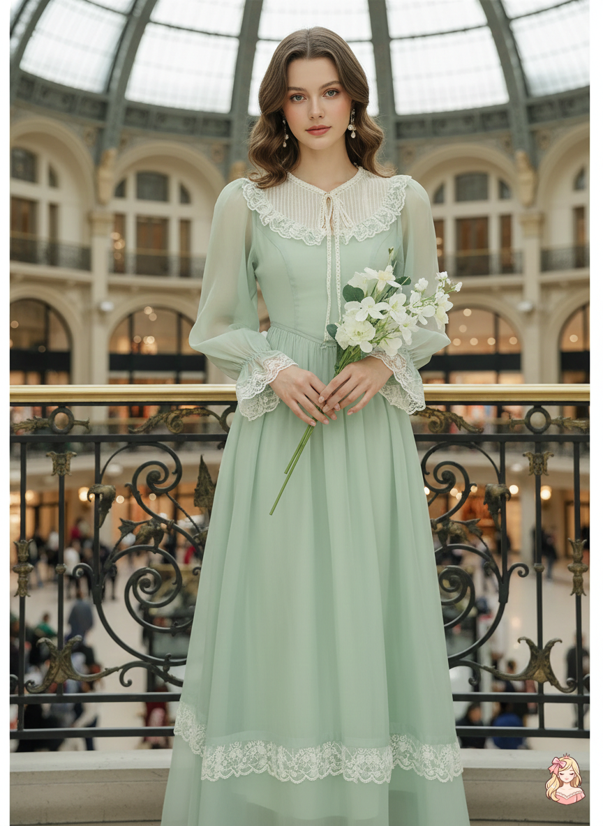 The Tuileries Green Fairy Dress | V-Neck Lace Flare Sleeve Midi | French Retro Empire Gown | Parisian Princess