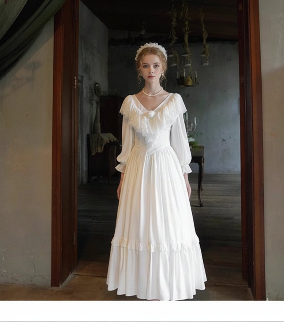 Parisian Satin Lace Dress Lantern Sleeve Long Maxi Ladies S-XL Vintage High Waist 2025 New V Neck White