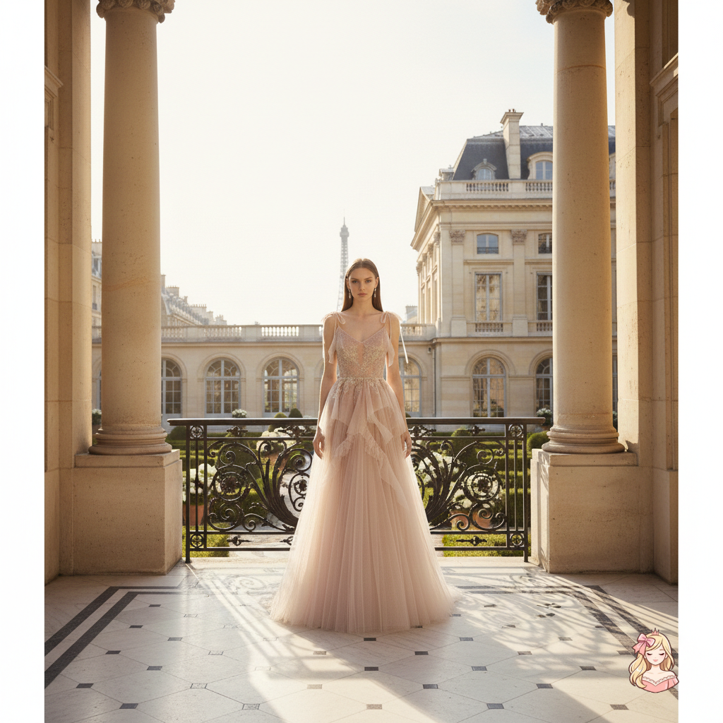 The French Sequined Crown Gown | V-Neck Crepe Ball Gown | Luxury Summer Wedding Party Dress | Parisian Princess