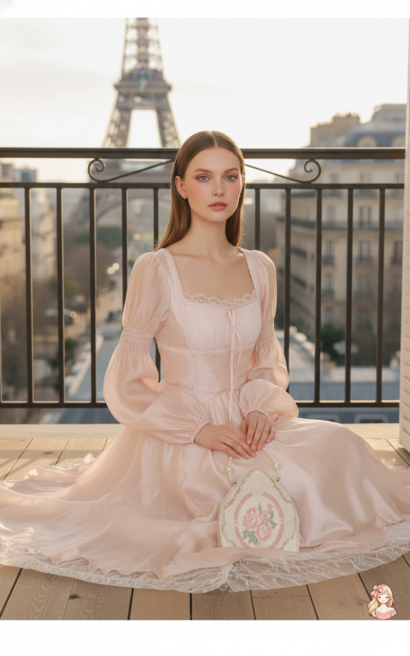 The Frosty Pink Chiffon Dress | Square Neck Lace Puff Sleeve Midi | Sweet Princess Gown | Parisian Princess
