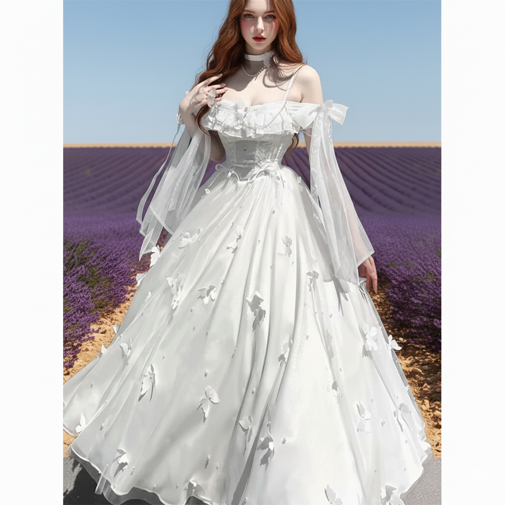 Off-shoulder Slimming Dress for Women Elegant and Sweet Lolita Bow White High Waist Princess Long Dresses White Dress