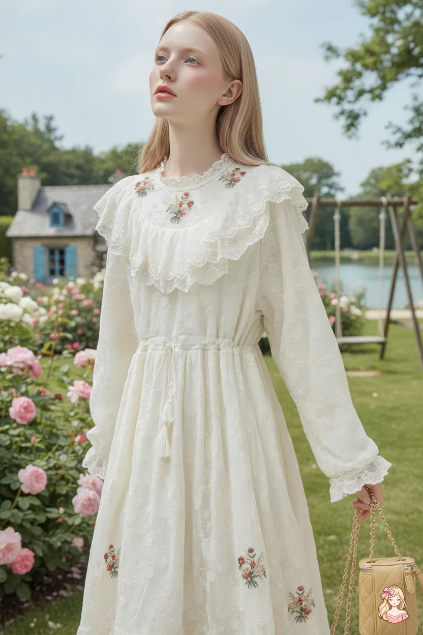 The Apricot Petal Gown | Embroidered Lace Ruffle Dress | French Romantic Fairy Maxi | Parisian Princess
