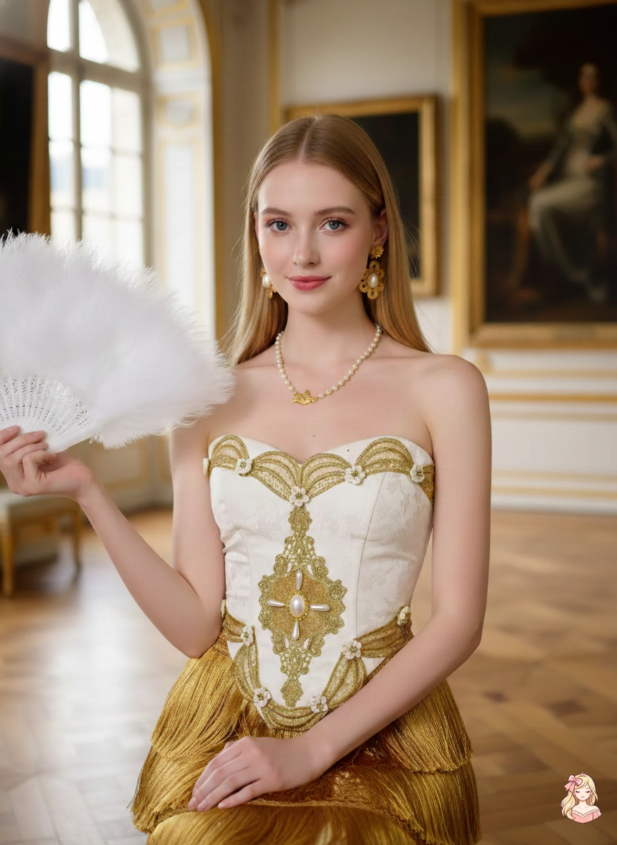 The Palace Gold Corset Gown | Strapless Tassel Layered Dress | French Theatre Performance Maxi | Parisian Princess